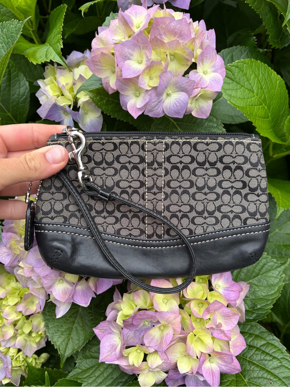 Vintage Coach Black Signature Canvas Wristlet with Leather Trim